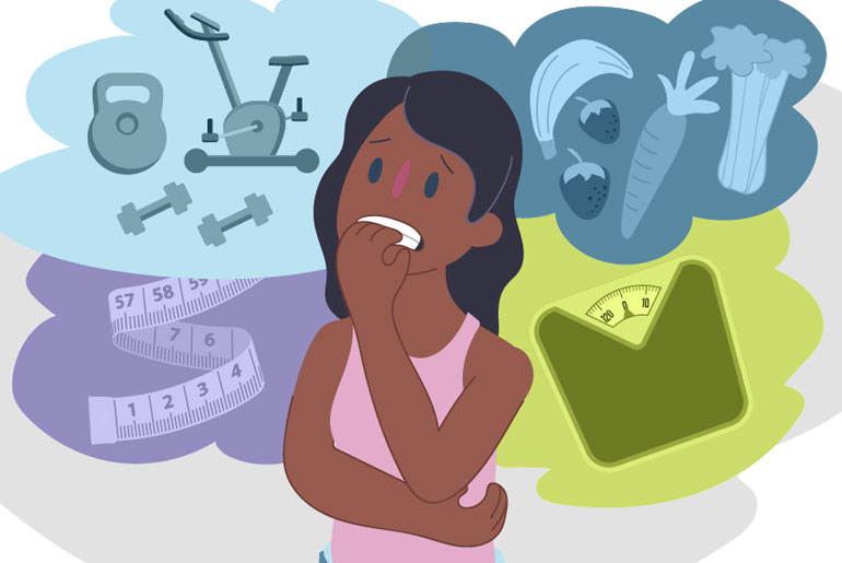 Cartoon of a young girl surrounded by food and scared